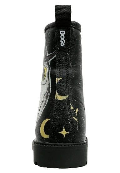 Femme Cuir Vegan Noir Bottes Longues - Owls Family Motif - 