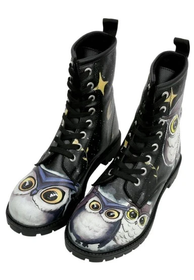Femme Cuir Vegan Noir Bottes Longues - Owls Family Motif - 