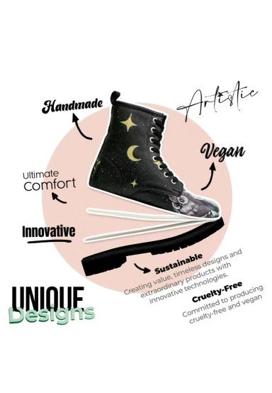 Femme Cuir Vegan Noir Bottes Longues - Owls Family Motif - 
