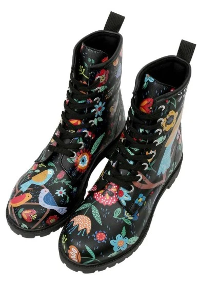 Femme Cuir Vegan Noir Bottes Longues - Flowers & Birds Motif - 