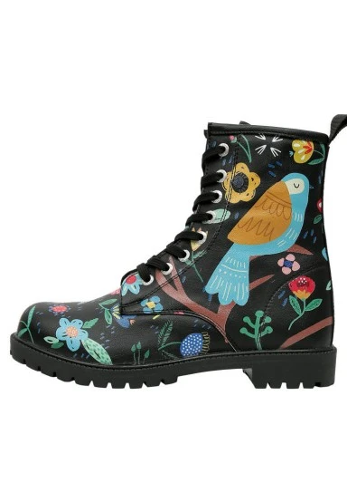 Femme Cuir Vegan Noir Bottes Longues - Flowers & Birds Motif - 
