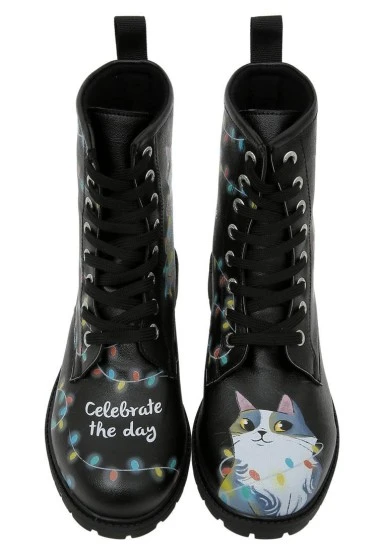 Femme Cuir Vegan Noir Bottes Longues - Celebrate the Day Motif - 