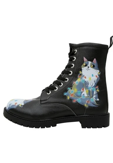 Femme Cuir Vegan Noir Bottes Longues - Celebrate the Day Motif - 