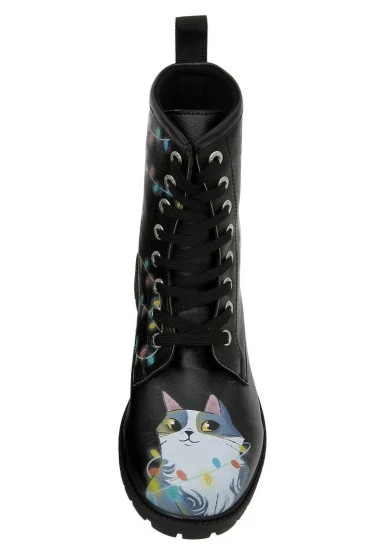 Femme Cuir Vegan Noir Bottes Longues - Celebrate the Day Motif - 
