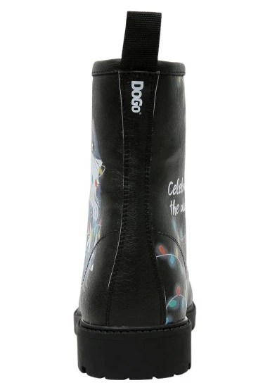 Femme Cuir Vegan Noir Bottes Longues - Celebrate the Day Motif - 