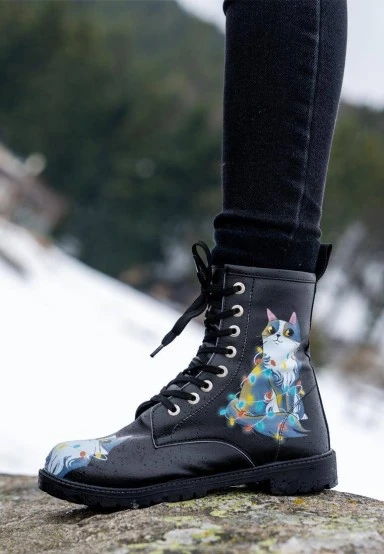 Femme Cuir Vegan Noir Bottes Longues - Celebrate the Day Motif - 