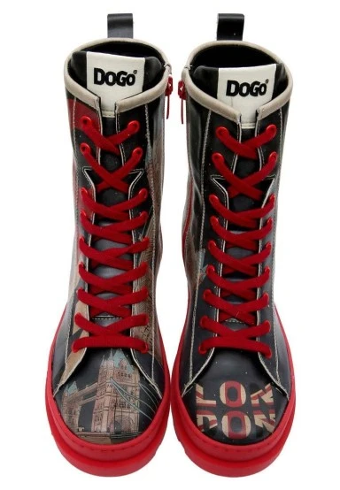 Femme Cuir Vegan Noir Bottes Longues à Glissière - It's the Time for London Motif - 