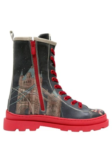 Femme Cuir Vegan Noir Bottes Longues à Glissière - It's the Time for London Motif - 