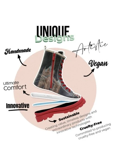 Femme Cuir Vegan Noir Bottes Longues à Glissière - It's the Time for London Motif - 