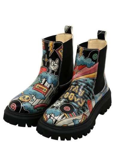 Femme Cuir Vegan Noir Bottes Longues - Stay Groovy Motif - 