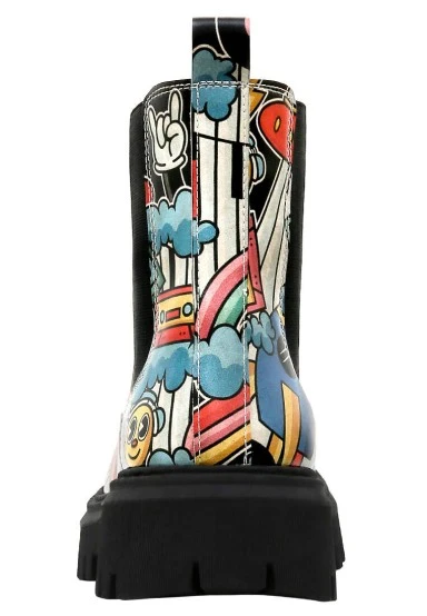 Femme Cuir Vegan Noir Bottes Longues - Stay Groovy Motif - 