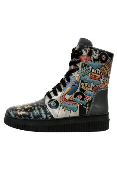 Femme Cuir Vegan Noir Bottes Longues - Stay Groovy Motif - 