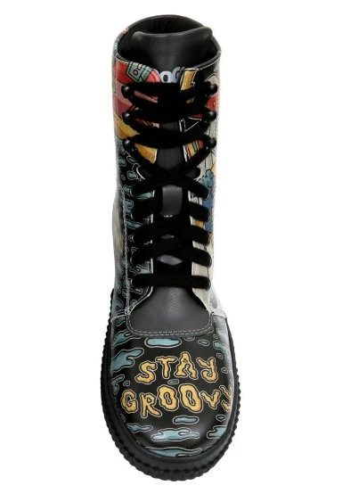 Femme Cuir Vegan Noir Bottes Longues - Stay Groovy Motif - 
