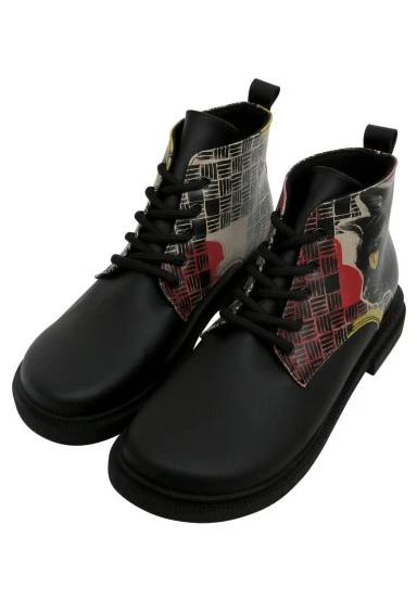 Femme Cuir Vegan Noir Bottines - Artsy Cat Collage Motif - 