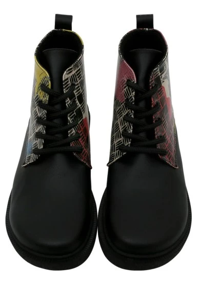 Femme Cuir Vegan Noir Bottines - Artsy Cat Collage Motif - 
