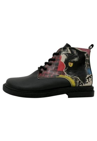Femme Cuir Vegan Noir Bottines - Artsy Cat Collage Motif - 