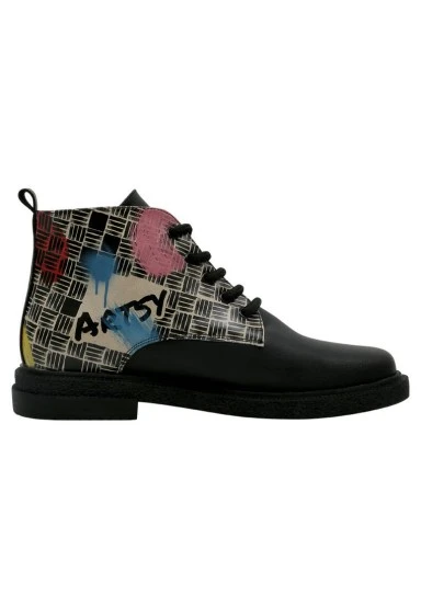 Femme Cuir Vegan Noir Bottines - Artsy Cat Collage Motif - 