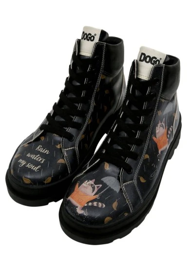 Femme Cuir Vegan Noir Bottines - Rain Waters My Soul Motif - 