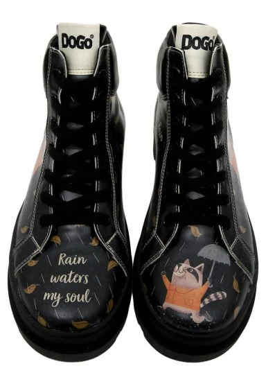 Femme Cuir Vegan Noir Bottines - Rain Waters My Soul Motif - 