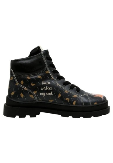 Femme Cuir Vegan Noir Bottines - Rain Waters My Soul Motif - 