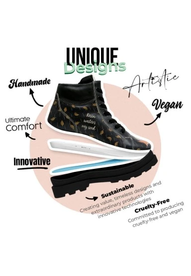 Femme Cuir Vegan Noir Bottines - Rain Waters My Soul Motif - 