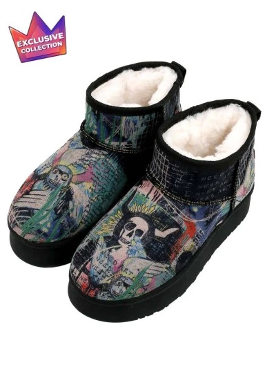 Femme Cuir Vegan Noir Bottines Doublées en Peluche - I Need Art Motif - 