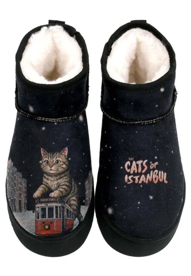 Femme Cuir Vegan Noir Bottines Doublées en Peluche - Paws on Taksim Motif - 