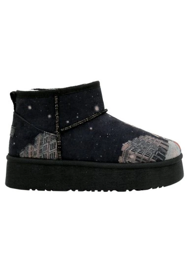 Femme Cuir Vegan Noir Bottines Doublées en Peluche - Paws on Taksim Motif - 