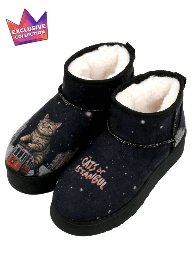 Femme Cuir Vegan Noir Bottines Doublées en Peluche - Paws on Taksim Motif - 