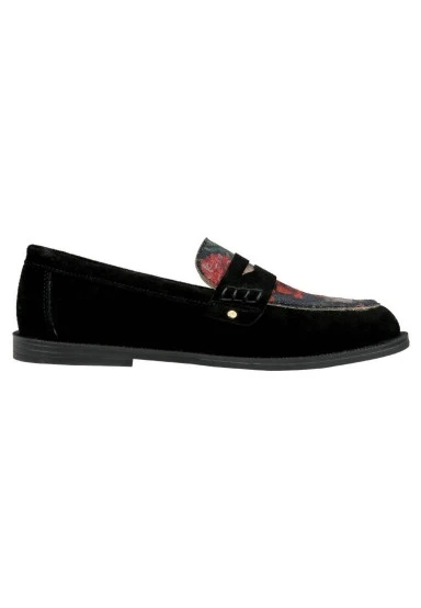 Femme Cuir Vegan Noir Mocassins - Black Floral Motif - 