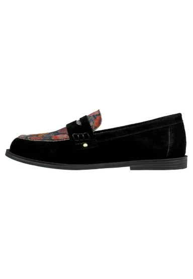 Femme Cuir Vegan Noir Mocassins - Black Floral Motif - 