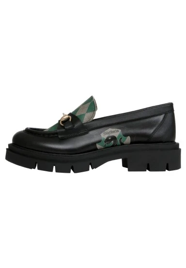 Femme Cuir Vegan Noir Mocassins - Warner Bros Harry Potter House of Slytherin Motif - 