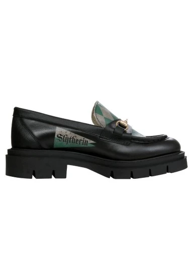 Femme Cuir Vegan Noir Mocassins - Warner Bros Harry Potter House of Slytherin Motif - 