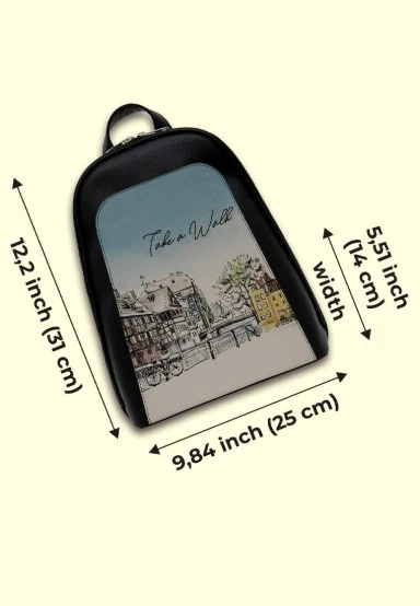 Femme Cuir Vegan Noir Sac à dos - Take a Walk Motif - 