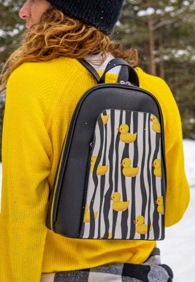 Femme Cuir Vegan Noir Sac à dos - Ducky Motif - 