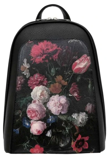 Femme Cuir Vegan Noir Sac à Dos - Black Floral Motif - 