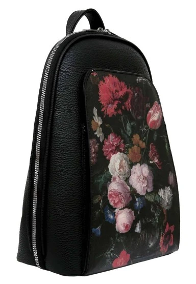 Femme Cuir Vegan Noir Sac à Dos - Black Floral Motif - 