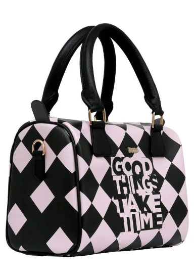 Femme Cuir Vegan Noir Sac à Main - Good Things Take Time Motif - 