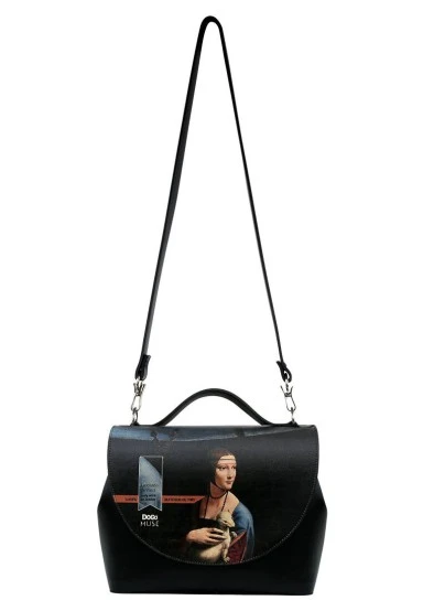 Femme Cuir Vegan Noir Sac à Main - Leonardo da Vinci Lady with an Ermine Motif - 