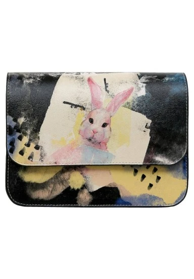 Femme Cuir Vegan Noir Sac à Main - Lapin Muse Motif - 