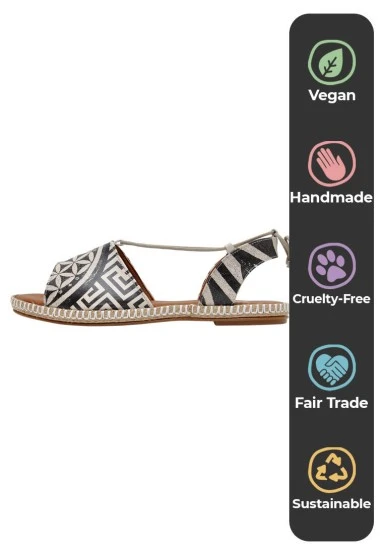 Femme Cuir Vegan Noir Sandales à Lacets - Mosaics Motif - 