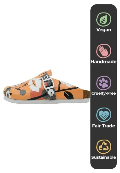Femme Cuir Vegan Orange Chaussons - Retrograde Motif - 