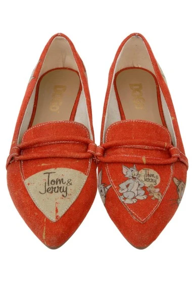 Femme Cuir Vegan Orange Chaussures Plates - Warner Bros Tom & Jerry Motif - 