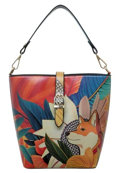 Femme Cuir Vegan Orange Sac à Main - Blooming Dog Motif - 