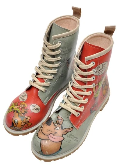 Femme Cuir Vegan Rouge Bottes Longues - Warner Bros Hungry Doo Scooby Doo Motif - 