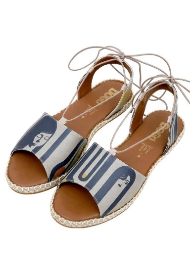 Femme Cuir Vegan Beige Sandales à Lacets - Love Long Hair Motif - 