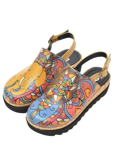 Femme Cuir Vegan Orange Sandales Compensées - India Motif - 