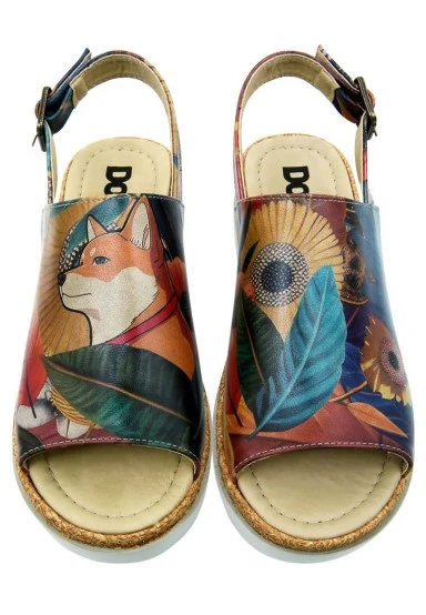 Femme Cuir Vegan Orange Sandales Compensées - Blooming Dog Motif - 