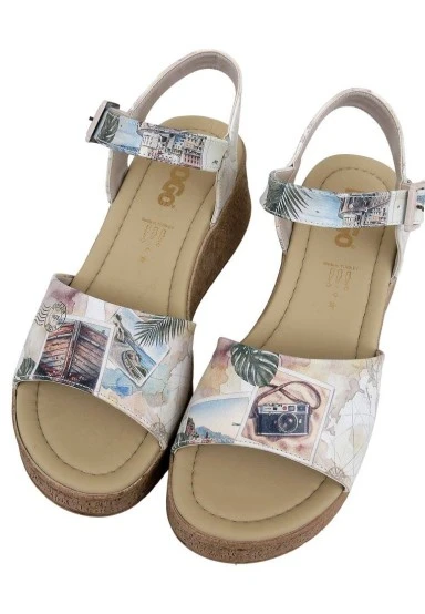 Femme Cuir Vegan Crème Sandales Compensées - Ink and Pictures Motif - 