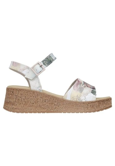 Femme Cuir Vegan Crème Sandales Compensées - Ink and Pictures Motif - 